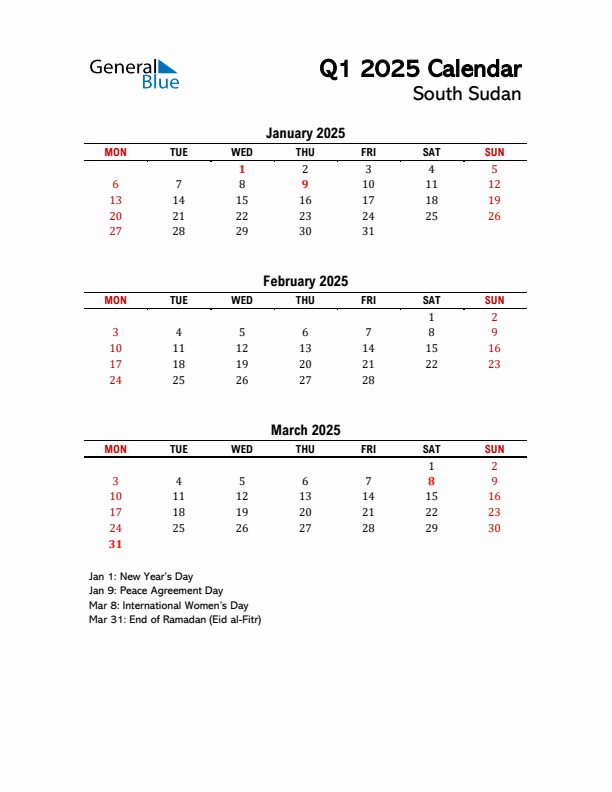 2025 Q1 Calendar with Holidays List for South Sudan