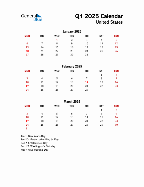 2025 Q1 Calendar with Holidays List for United States