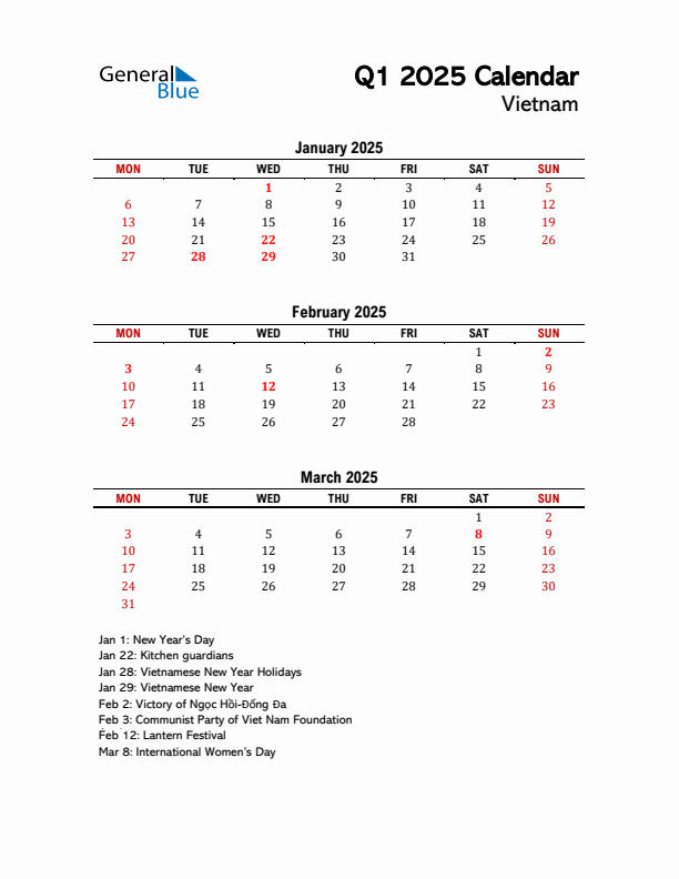 2025 Q1 Calendar with Holidays List for Vietnam