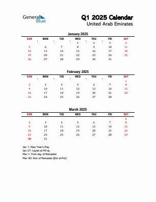 United Arab Emirates Quarter 1  2025 calendar template