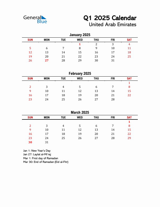 2025 Q1 Calendar with Holidays List for United Arab Emirates