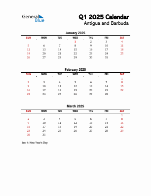 Antigua and Barbuda Quarter 1  2025 calendar template