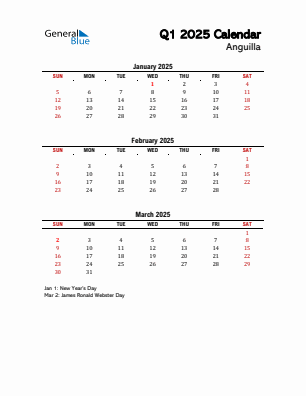 Anguilla Quarter 1  2025 calendar template