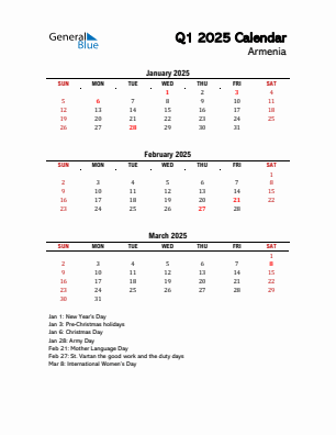 Armenia Quarter 1  2025 calendar template