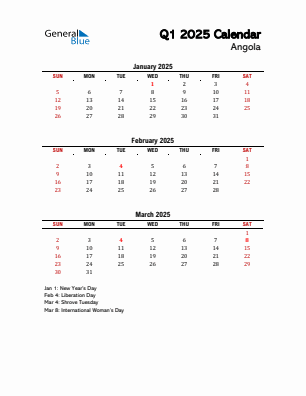 Angola Quarter 1  2025 calendar template