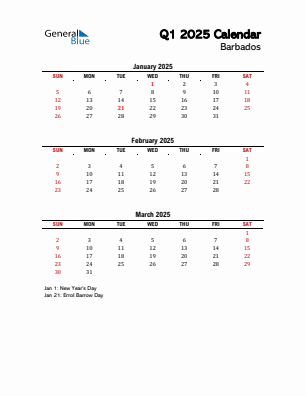 Barbados Quarter 1  2025 calendar template