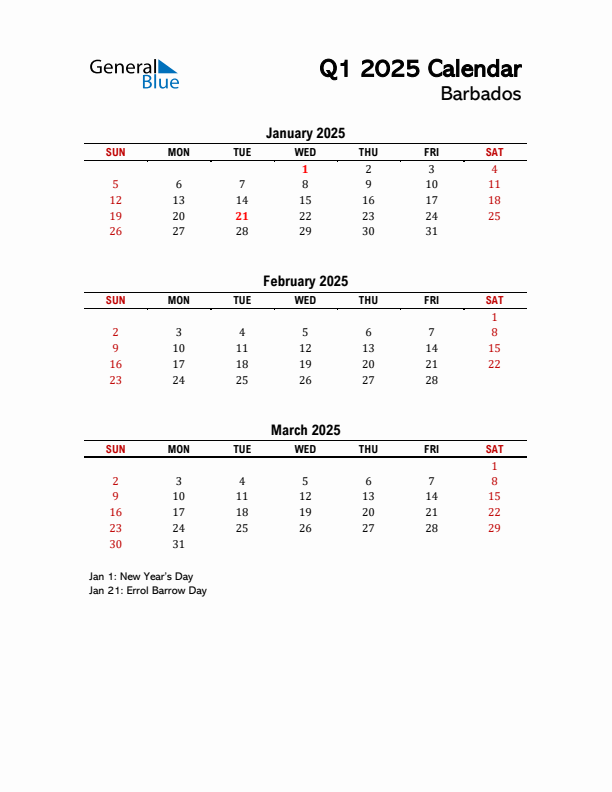 2025 Q1 Calendar with Holidays List for Barbados