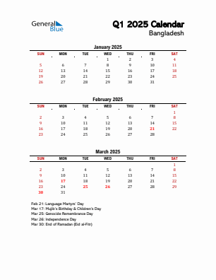 Bangladesh Quarter 1  2025 calendar template