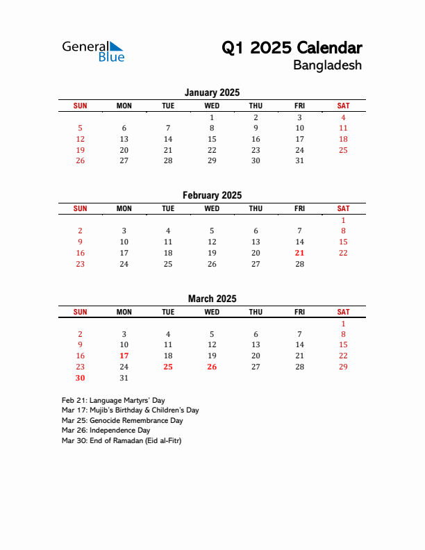 2025 Q1 Calendar with Holidays List for Bangladesh