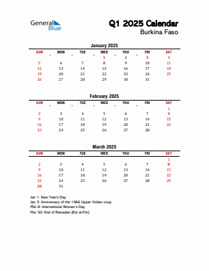 Burkina Faso Quarter 1  2025 calendar template