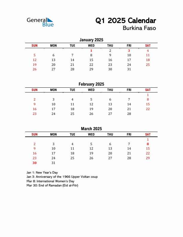 2025 Q1 Calendar with Holidays List for Burkina Faso