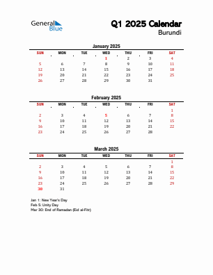 Burundi Quarter 1  2025 calendar template