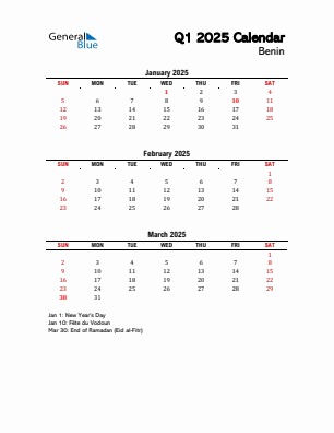 Benin Quarter 1  2025 calendar template