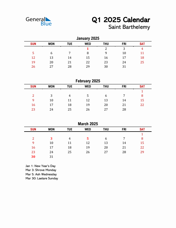 2025 Q1 Calendar with Holidays List for Saint Barthelemy