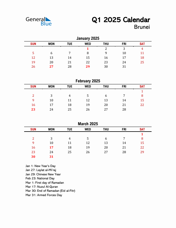 2025 Q1 Calendar with Holidays List for Brunei