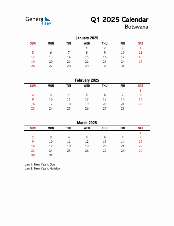 2025 Q1 Calendar with Holidays List for Botswana