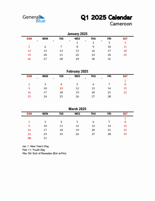 Cameroon Quarter 1  2025 calendar template