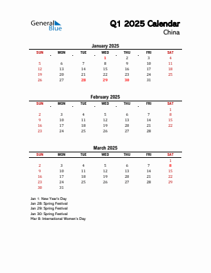 China Quarter 1  2025 calendar template