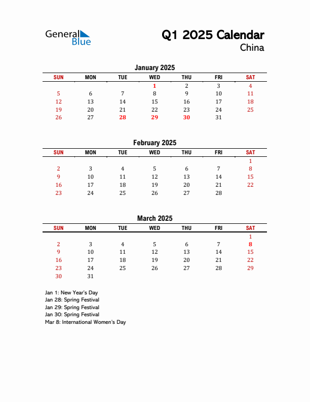 2025 Q1 Calendar with Holidays List for China