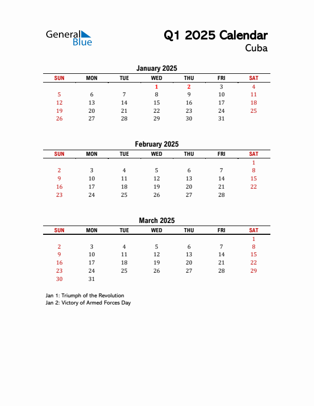 2025 Q1 Calendar with Holidays List for Cuba