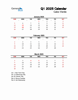 Cabo Verde Quarter 1  2025 calendar template