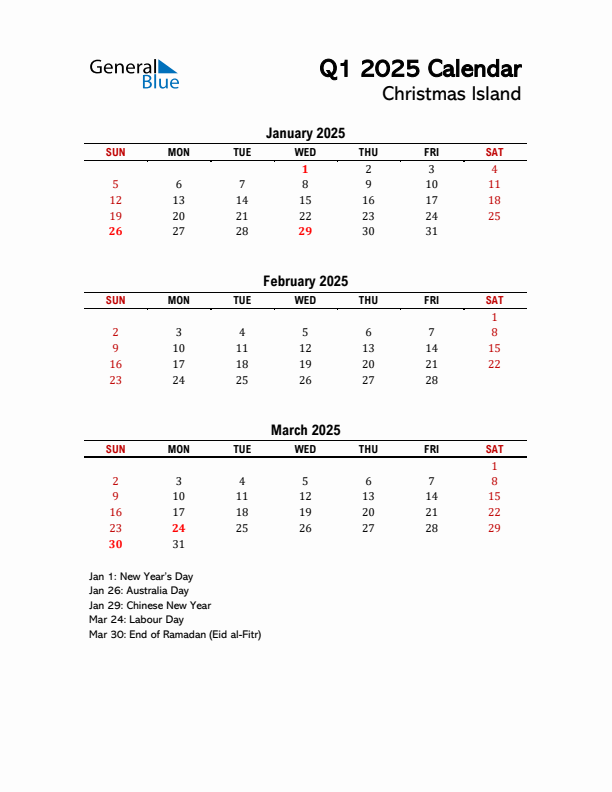 2025 Q1 Calendar with Holidays List for Christmas Island