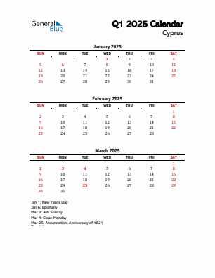 Cyprus Quarter 1  2025 calendar template