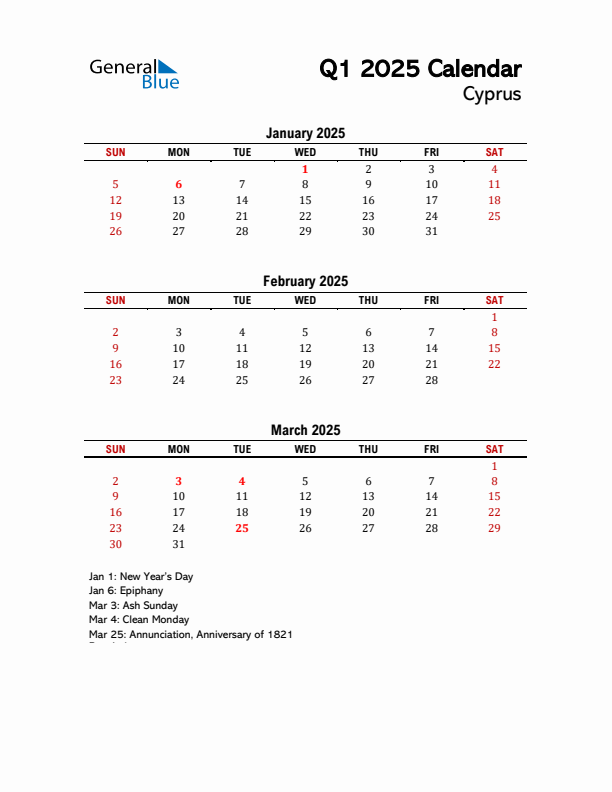 2025 Q1 Calendar with Holidays List for Cyprus