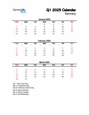 Germany Quarter 1  2025 calendar template