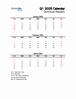 Dominican Republic Quarter 1  2025 calendar template