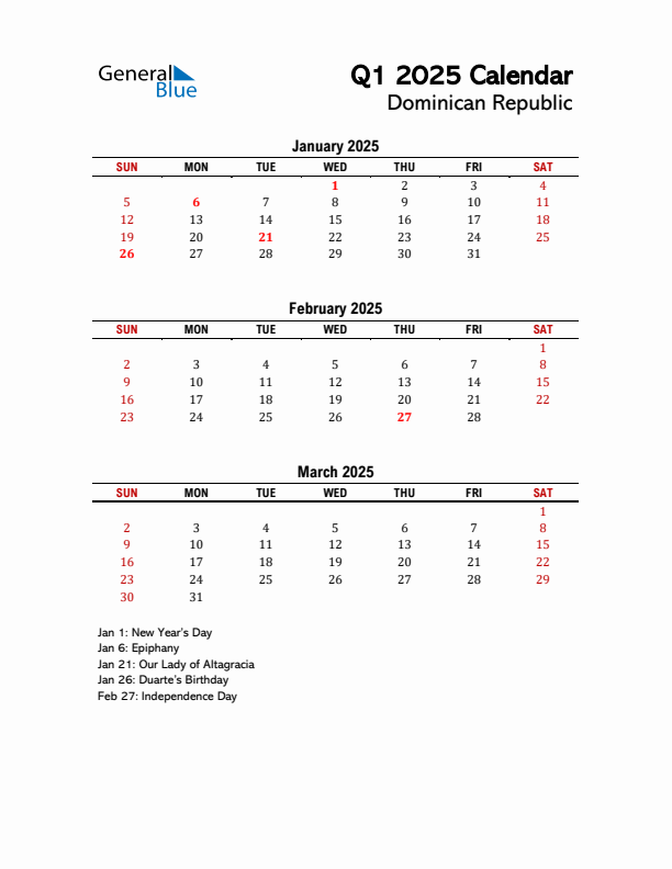 2025 Q1 Calendar with Holidays List for Dominican Republic