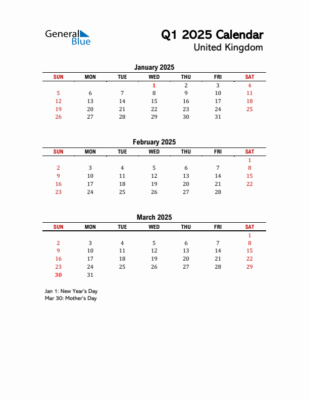 2025 Q1 Calendar with Holidays List for United Kingdom