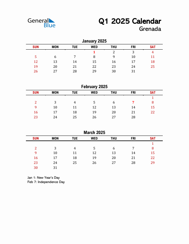 2025 Q1 Calendar with Holidays List for Grenada