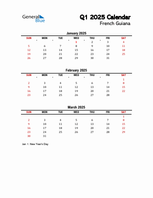 French Guiana Quarter 1  2025 calendar template