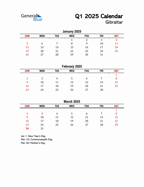 2025 Q1 Calendar with Holidays List for Gibraltar