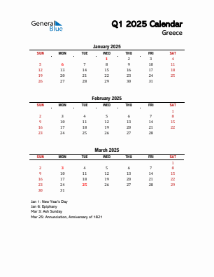 Greece Quarter 1  2025 calendar template