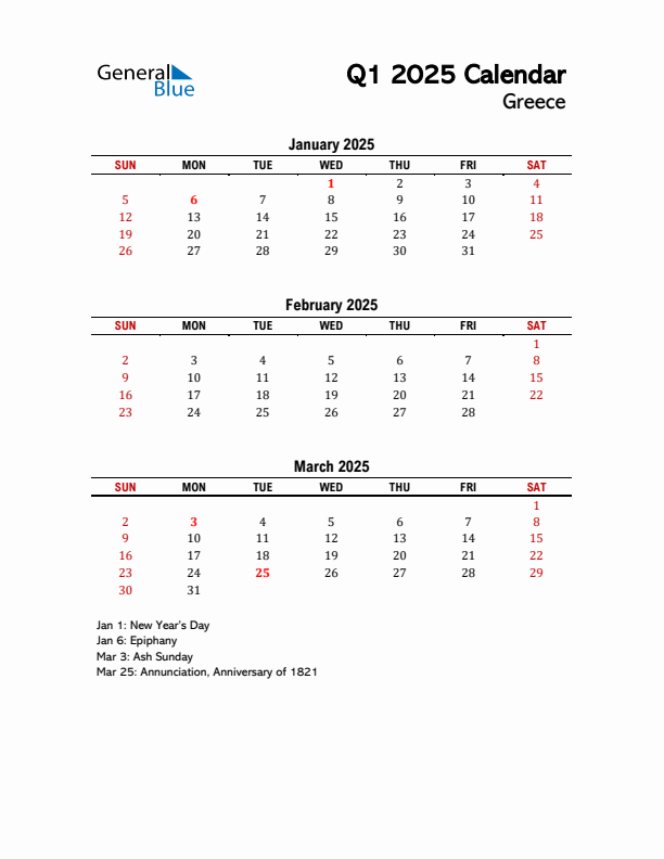 2025 Q1 Calendar with Holidays List for Greece