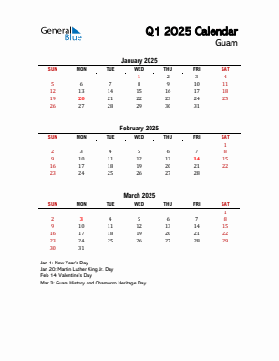 Guam Quarter 1  2025 calendar template