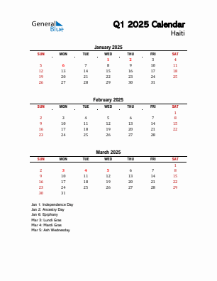 Haiti Quarter 1  2025 calendar template