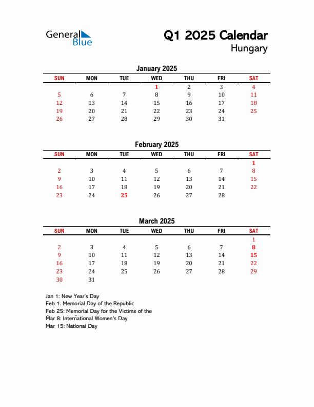 2025 Q1 Calendar with Holidays List for Hungary