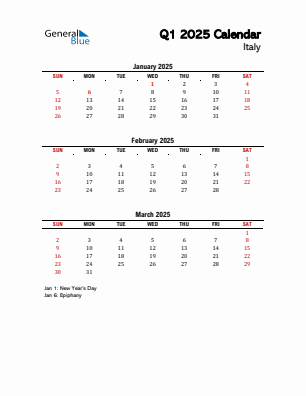 Italy Quarter 1  2025 calendar template