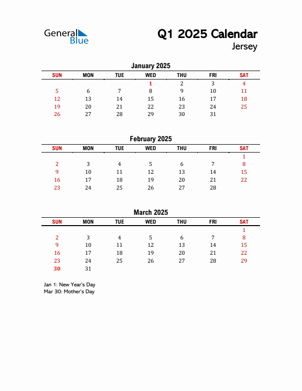 2025 Q1 Calendar with Holidays List for Jersey