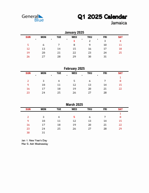 Jamaica Quarter 1  2025 calendar template