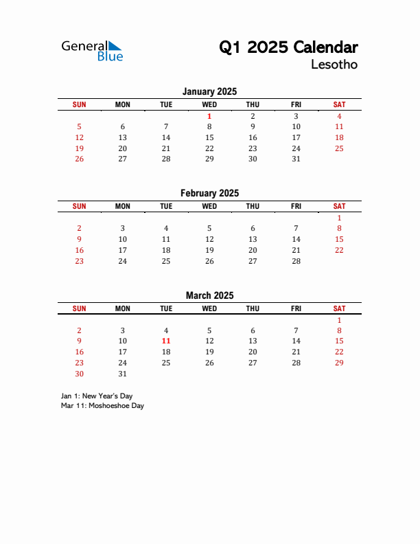 2025 Q1 Calendar with Holidays List for Lesotho