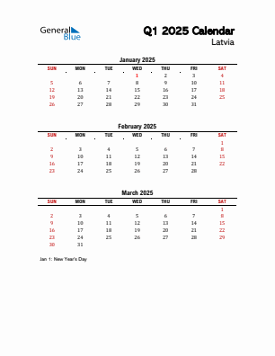 Latvia Quarter 1  2025 calendar template