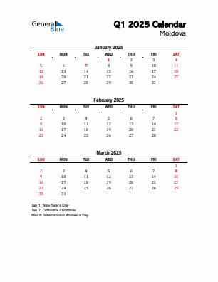 Moldova Quarter 1  2025 calendar template