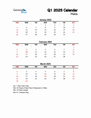 Malta Quarter 1  2025 calendar template