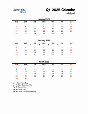 Malawi Quarter 1  2025 calendar template