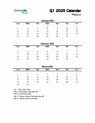 Mexico Quarter 1  2025 calendar template