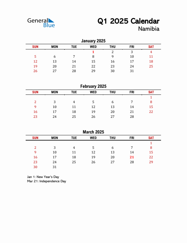 2025 Q1 Calendar with Holidays List for Namibia